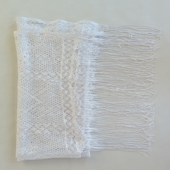 Fishnet Open Weave Long Fringed Scarf Wrap White 27" x 61" Formal Wedding - Picture 15 of 15